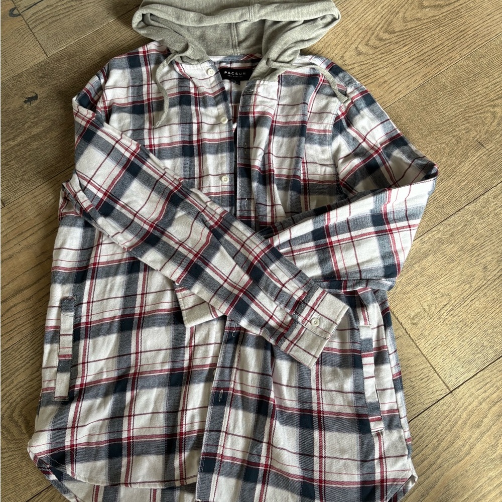 PacSun Plaid Hooded Men’s Large Shirt - Black, Red, and White